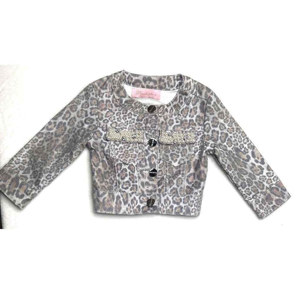 Pituchinhu's Leopard Print Denim Jacket 4 Gray Pearl Embellished Bolero Style